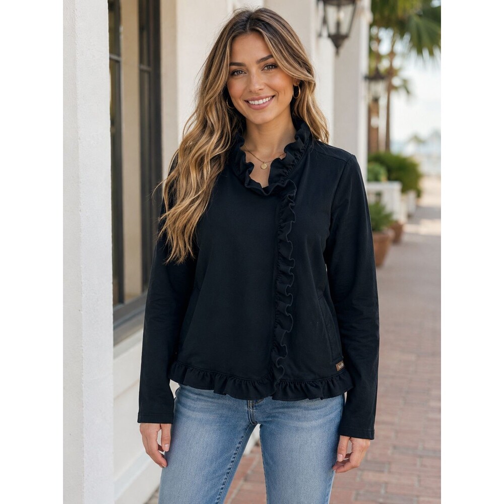 Matilda Jane Black Ruffle Snap Front Jacket‎ Cardigan Medium Cottagecore Boho